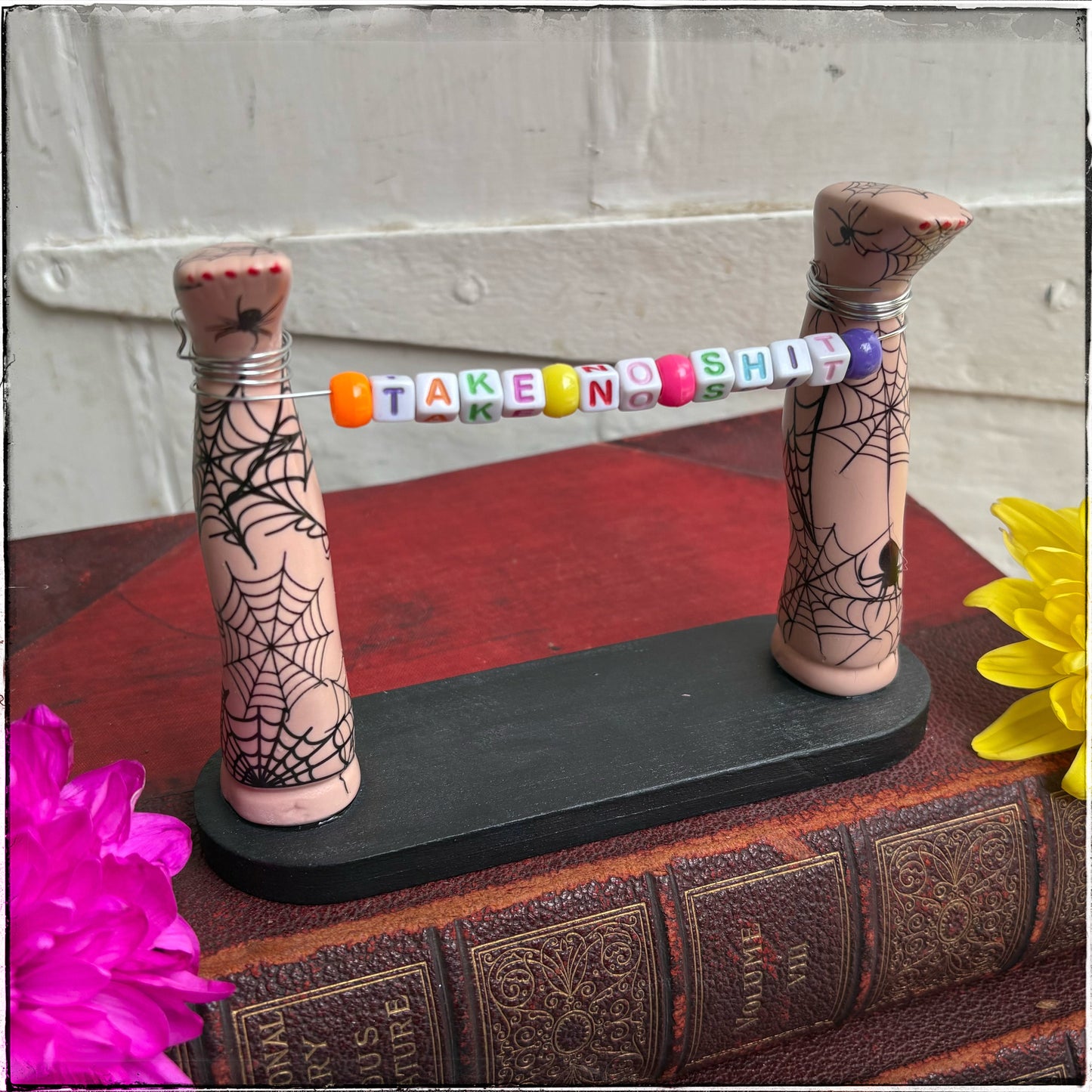 Medium Recycled Porcelain Doll Leg Sign Holder - Take No Sh*t