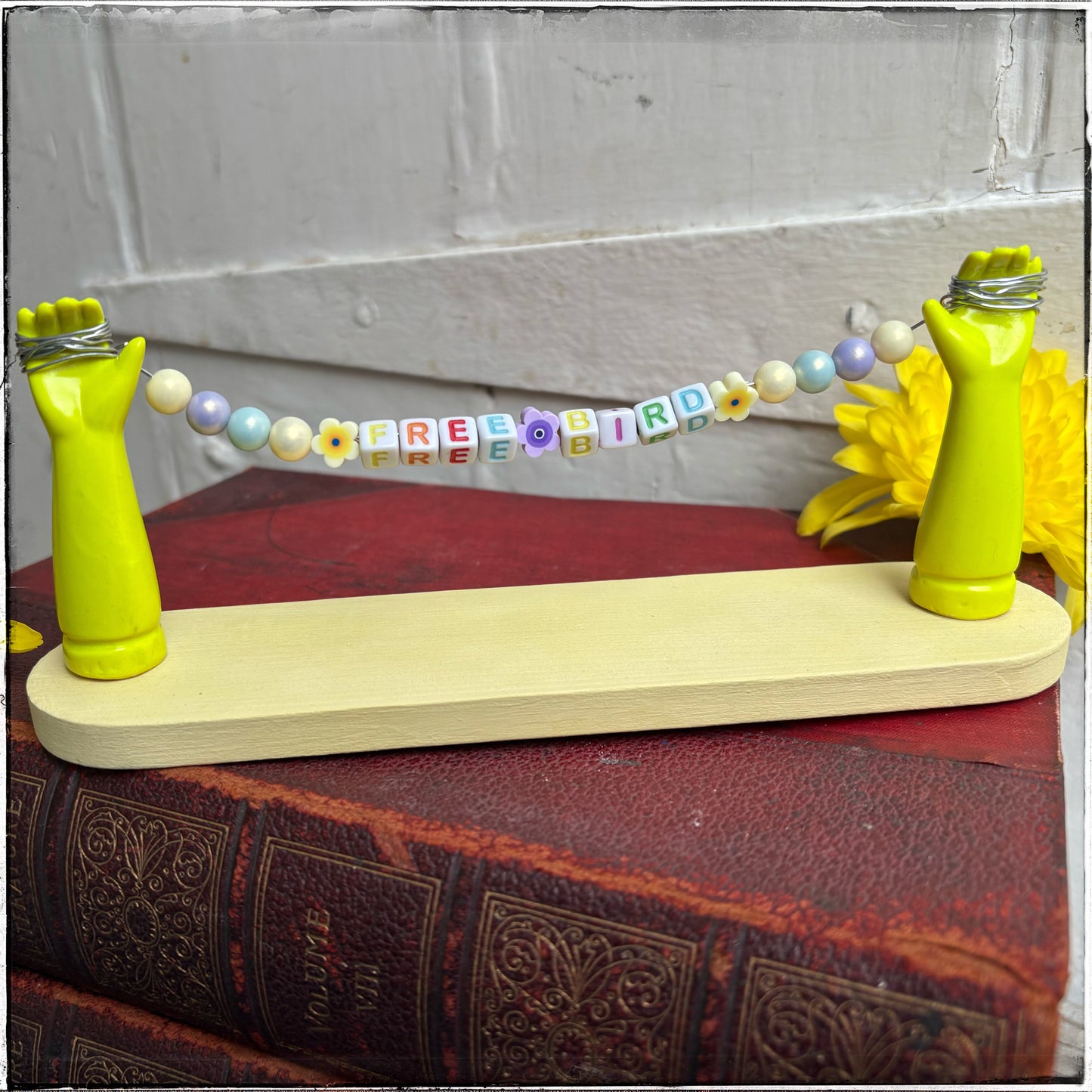 Large Recycled Porcelain Doll Arm Sign Holder - Free Bird