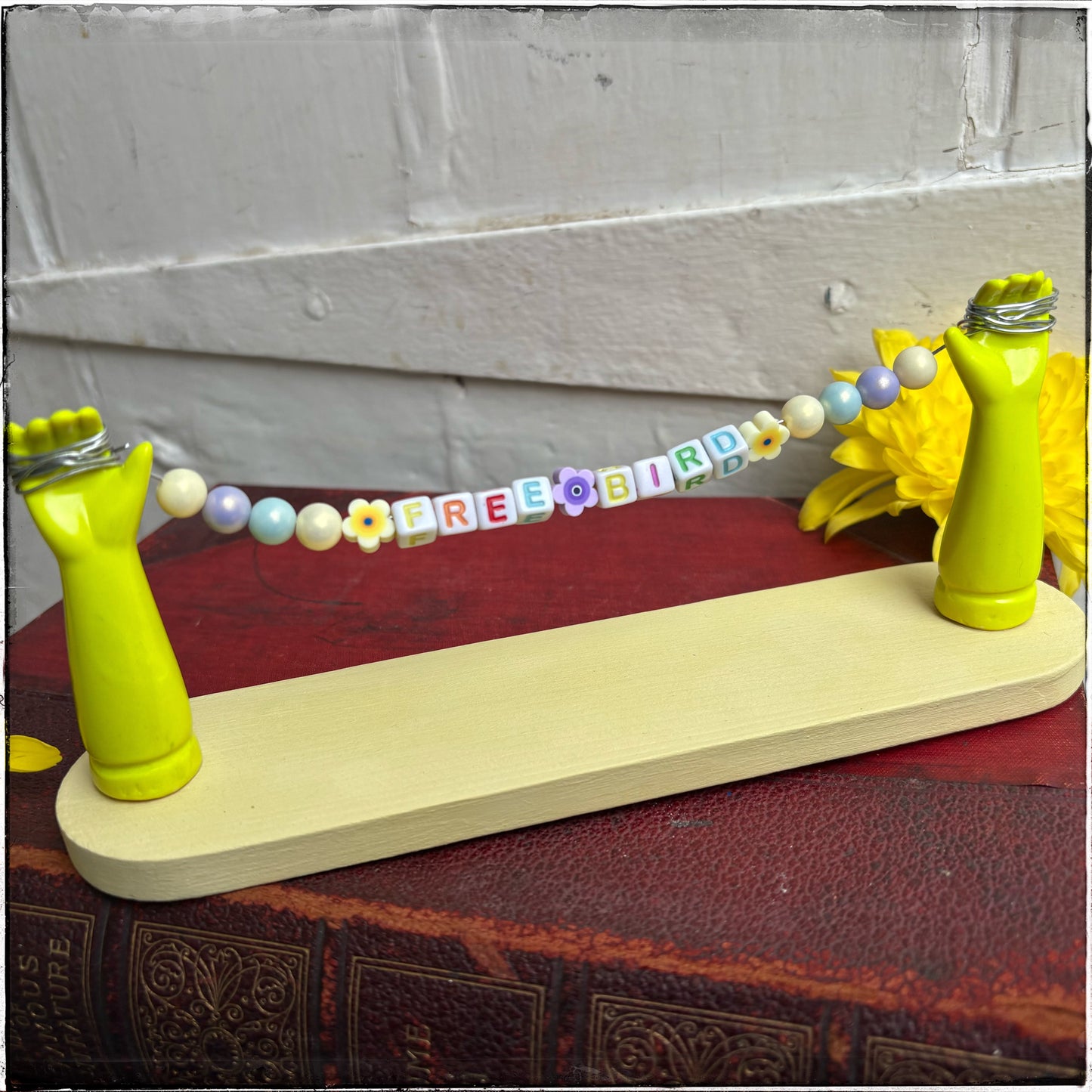 Large Recycled Porcelain Doll Arm Sign Holder - Free Bird