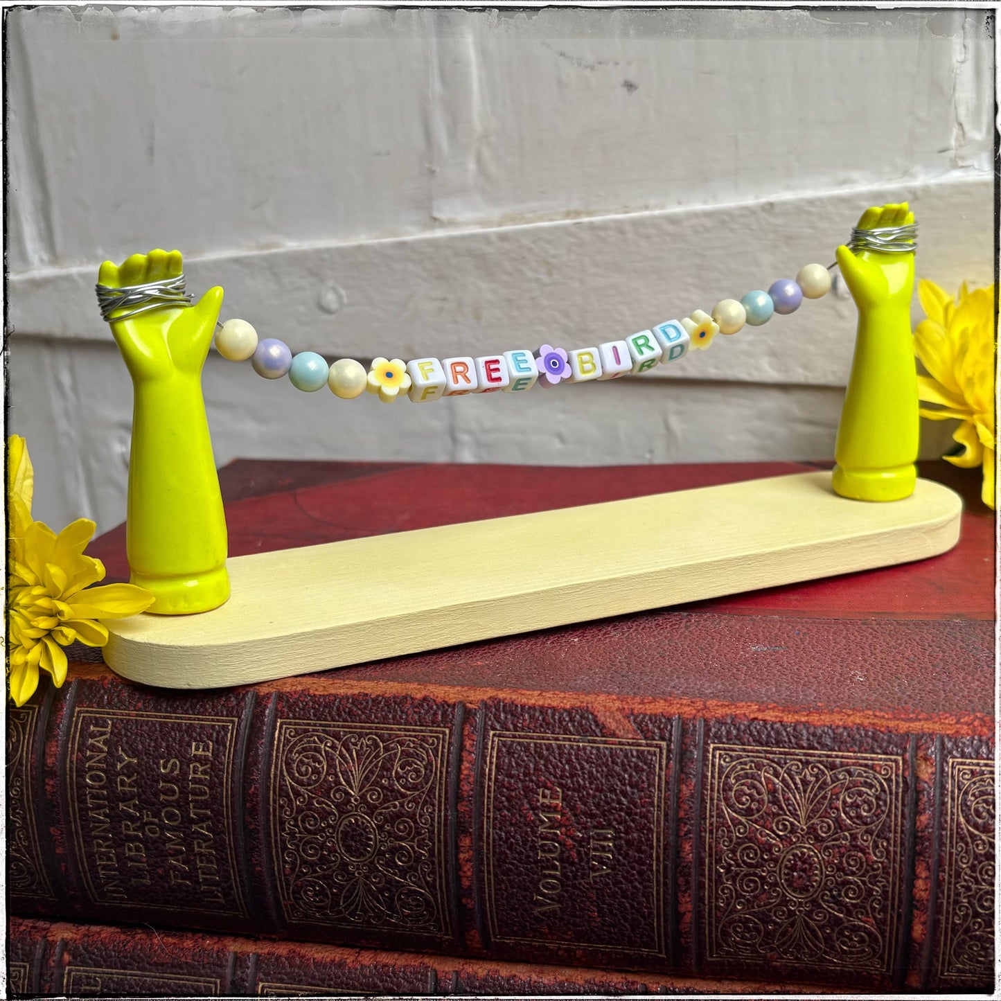 Large Recycled Porcelain Doll Arm Sign Holder - Free Bird