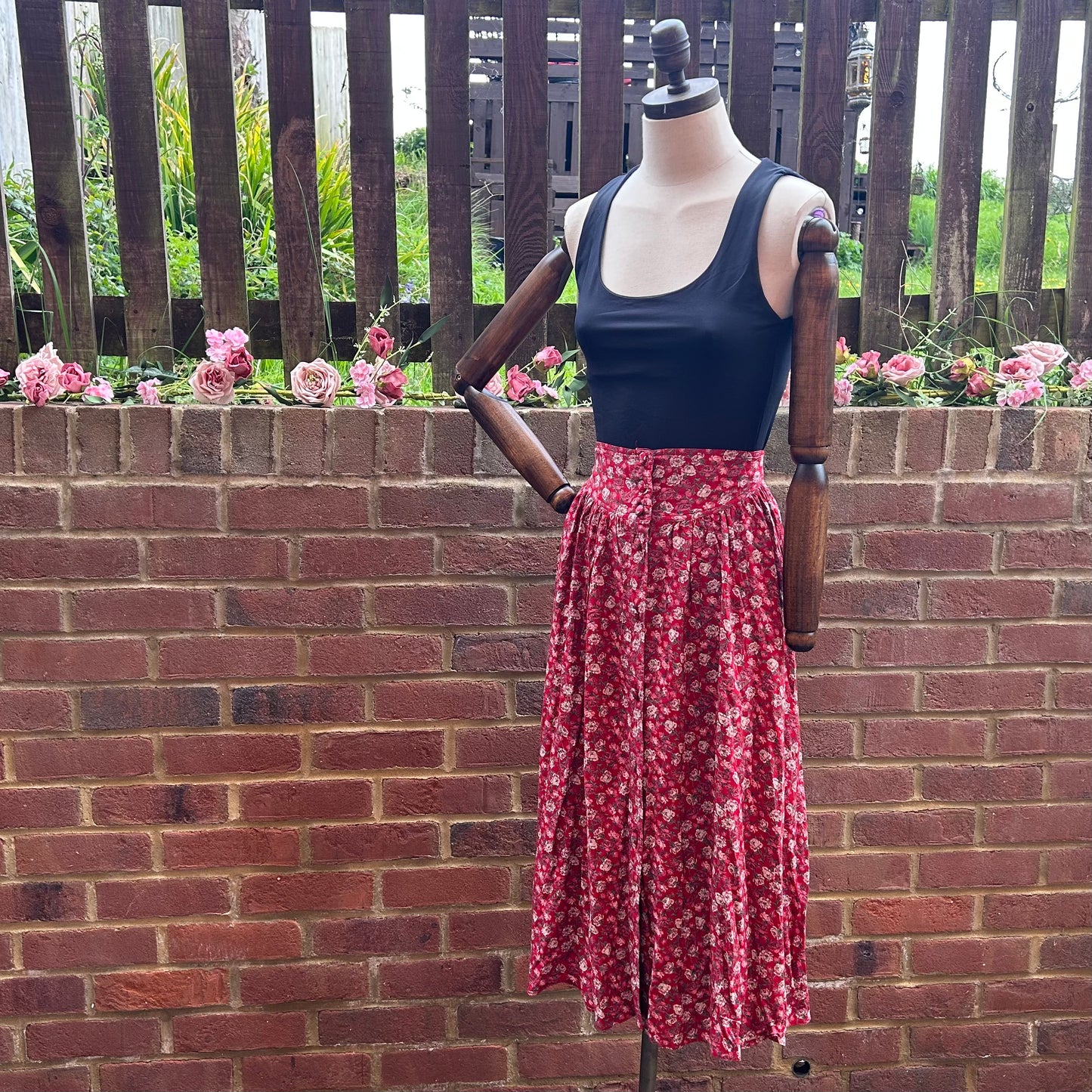Vintage St Michael Rose Print Midi Skirt