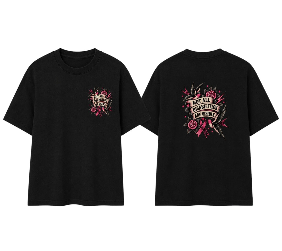 Black short-sleeve t-shirt shown from the front and back. The front features a small pink and beige graphic on the left chest with roses and a banner reading 'NOT ALL DESERTIES ARE ENDURABLE'.