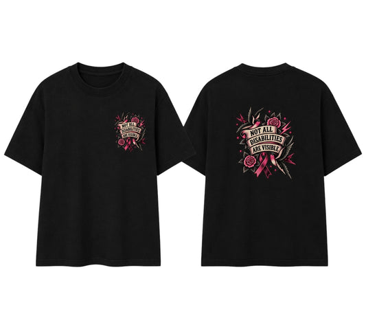 Black short-sleeve t-shirt shown from the front and back. The front features a small pink and beige graphic on the left chest with roses and a banner reading 'NOT ALL DESERTIES ARE ENDURABLE'.