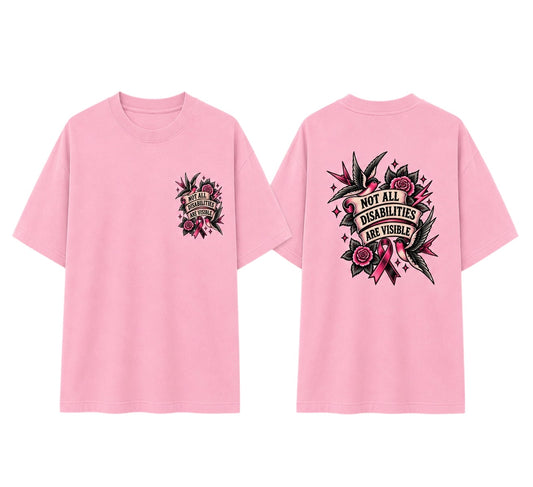 A pink short-sleeve t-shirt shown from both the front and back. The front features a small graphic on the left chest with a banner reading 'Proudly Disabled'.