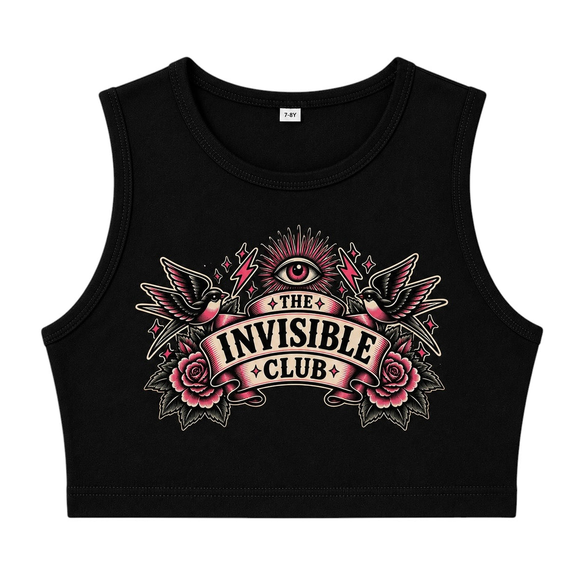 A black sleeveless crop top featuring a detailed graphic print of 'The Invisible Club' with a central all-seeing eye, two ravens, and pink roses, shown on a plain white background.