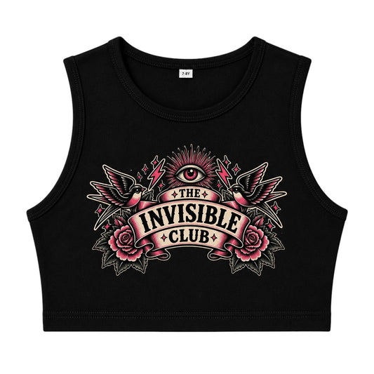 A black sleeveless crop top featuring a detailed graphic print of 'The Invisible Club' with a central all-seeing eye, two ravens, and pink roses, shown on a plain white background.