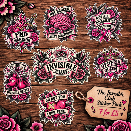 The Invisible Club Sticker Pack

1 of each of the following designs:

The Invisible Club

Not All Disabilities Are Visible 

Not Broken, Just Misfiring 

FND Warrior 

Hysteria Queen

Oh But You Look Fine

Fighting The Invisible Battle

Each design 6cm x 6cm 
